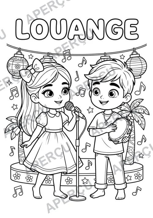 Page à colorier : deux enfants chantent au micro, avec le mot LOUANGE