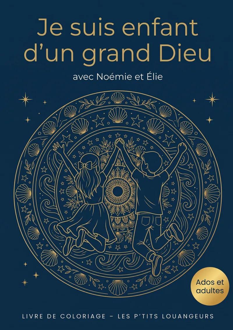 Couverture du livre de coloriage « Je suis enfant d'un grand Dieu » pour les ados et les adultes, mandala doré sur fond bleu nuit