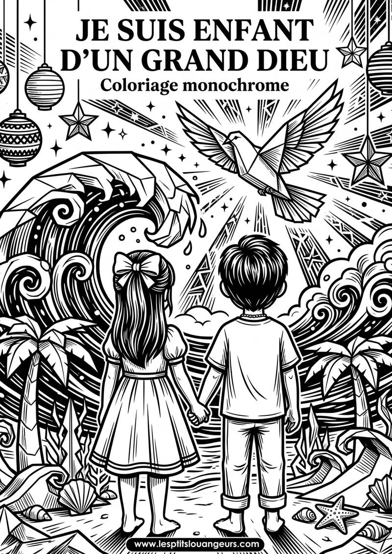Couverture du livre de coloriage monochrome « Je suis enfant d'un grand Dieu » : Noémie et Élie face à une grande vague, gravure noir et blanc