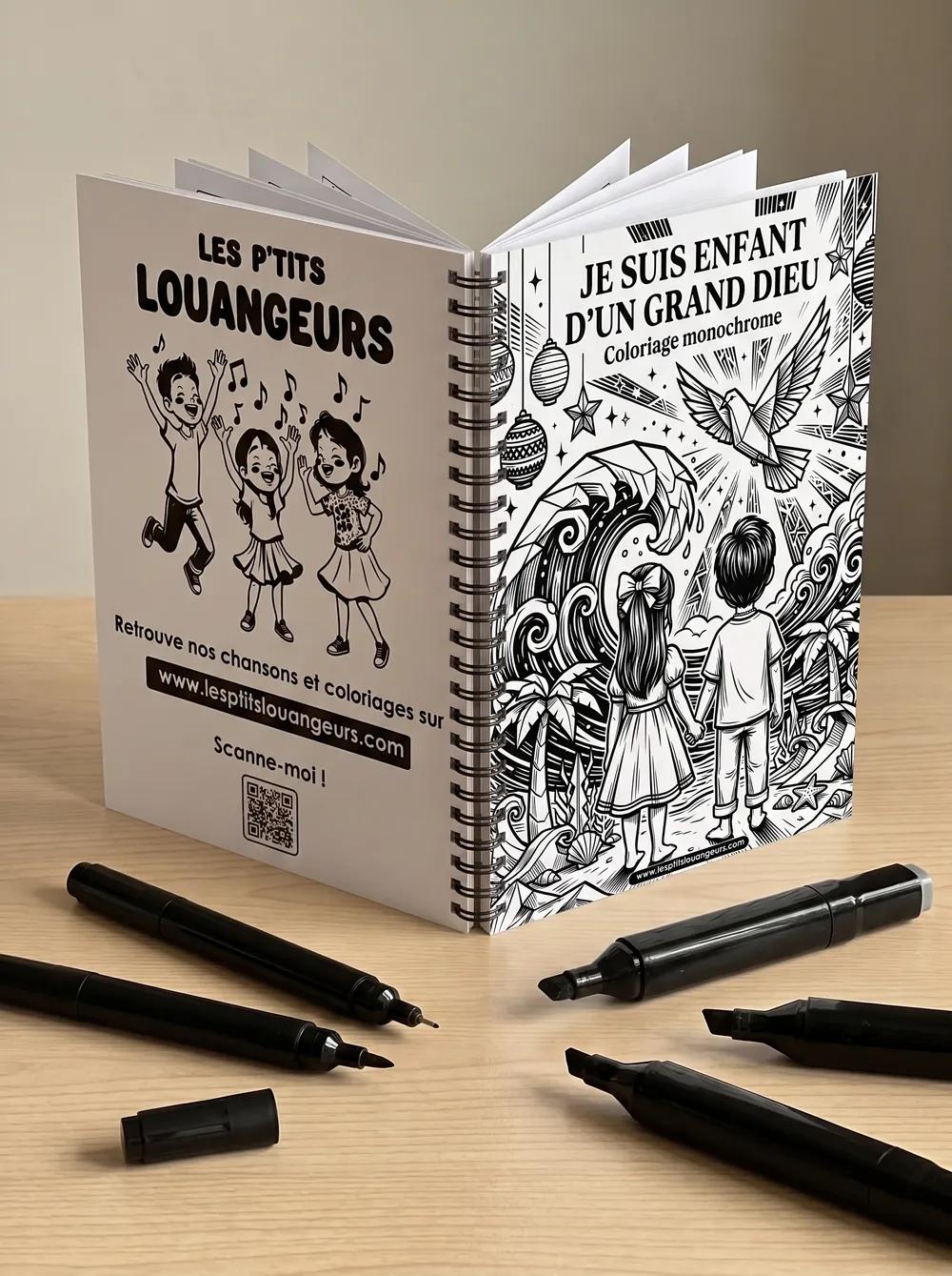 Le livre de coloriage « Je suis enfant d'un grand Dieu » et la boîte de 18 crayons de couleur offerte