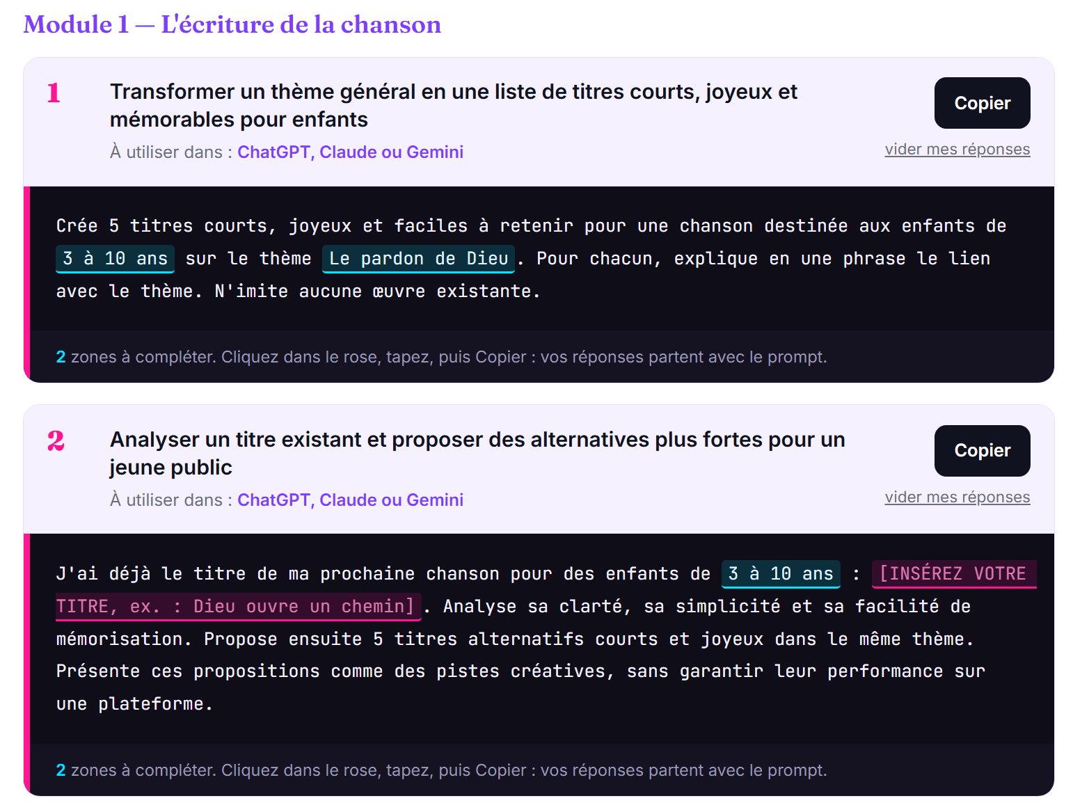 Une carte de prompt du kit de production, avec ses zones remplies et le bouton Copier