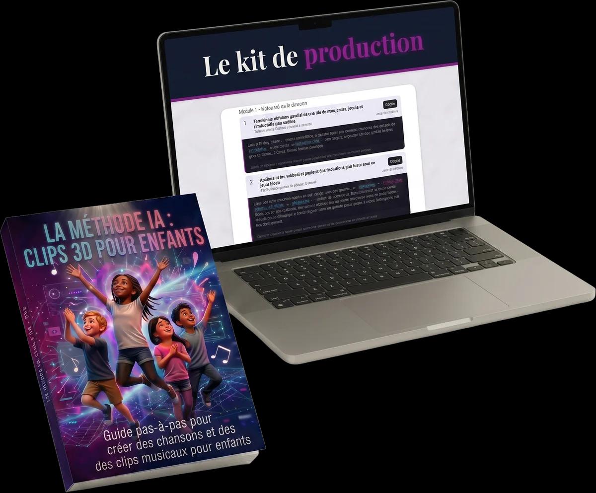 Le livre « La méthode IA : clips 3D pour enfants » devant un ordinateur portable qui affiche le kit de production