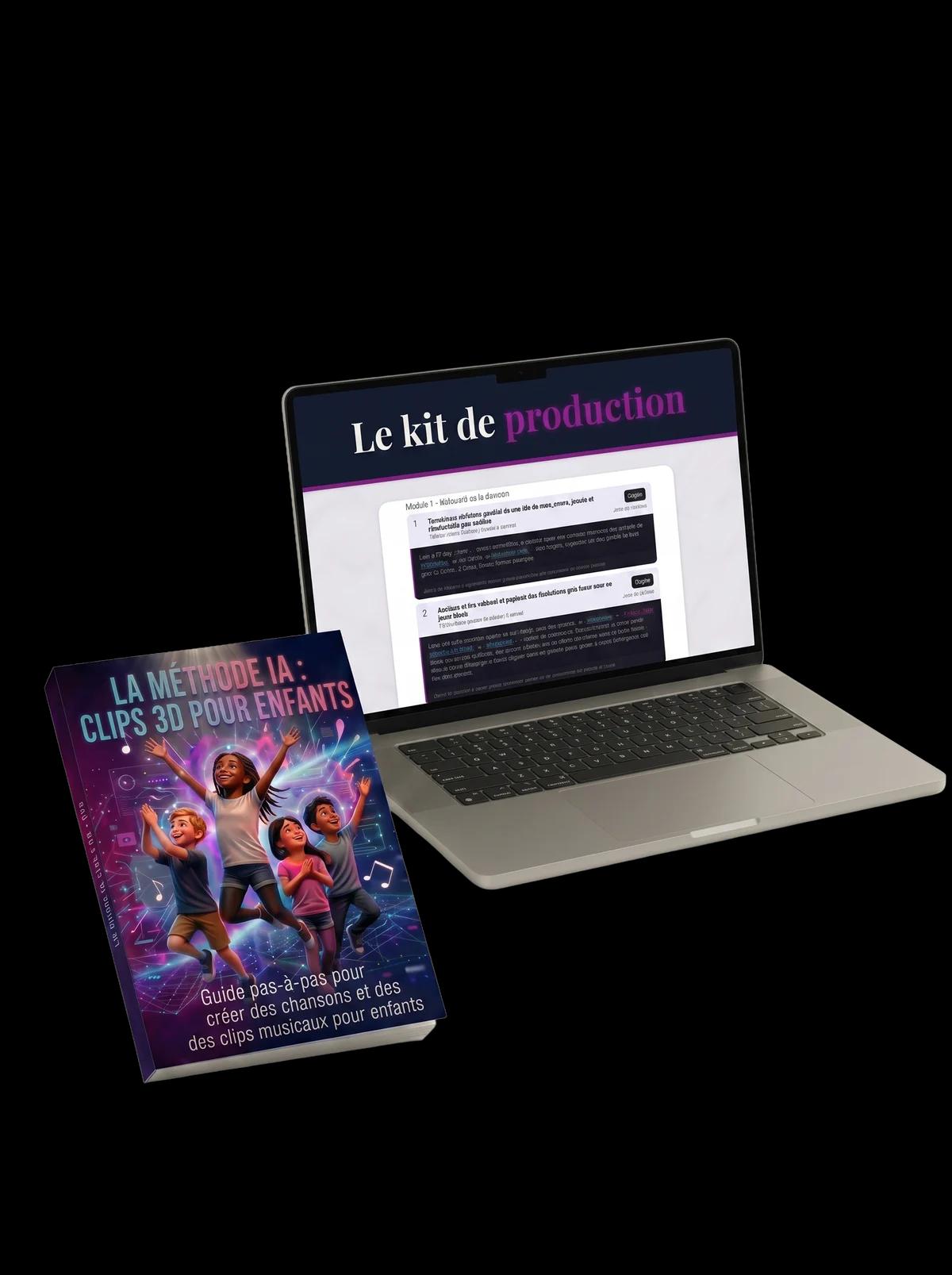 Le livre « La méthode IA : clips 3D pour enfants » posé devant un ordinateur portable qui affiche le kit de production